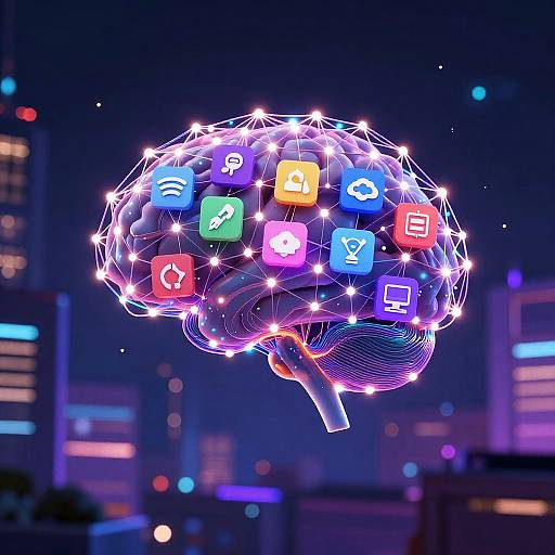 Glowing neon brain with app icons (email, phone, settings, etc.) floating in a dark, cityscape background. Digital CGI art.