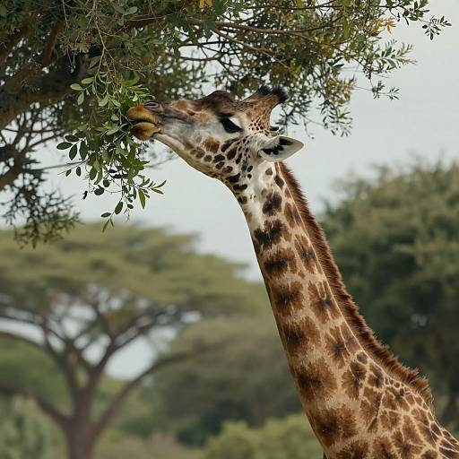 Photograph of a giraffe with brown and white spotted fur, reaching up to eat leaves from a tree in a lush, green savanna.
