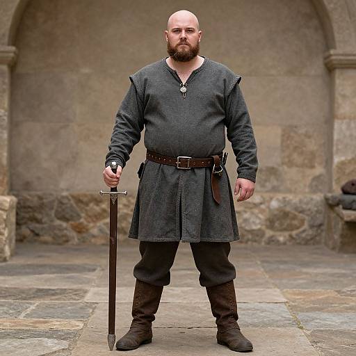 Photorealistic digital art of a bald, bearded Viking warrior in a dark medieval tunic, belt, and boots, holding a sword, standing