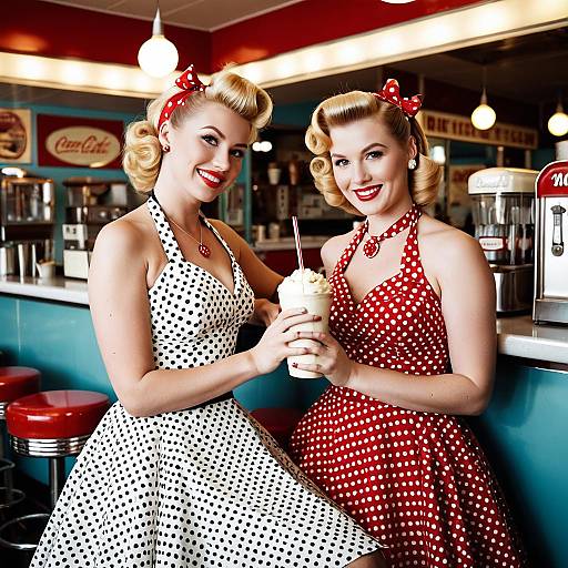 Women in Vintage 1950s Polka Dot Dresses at Diner