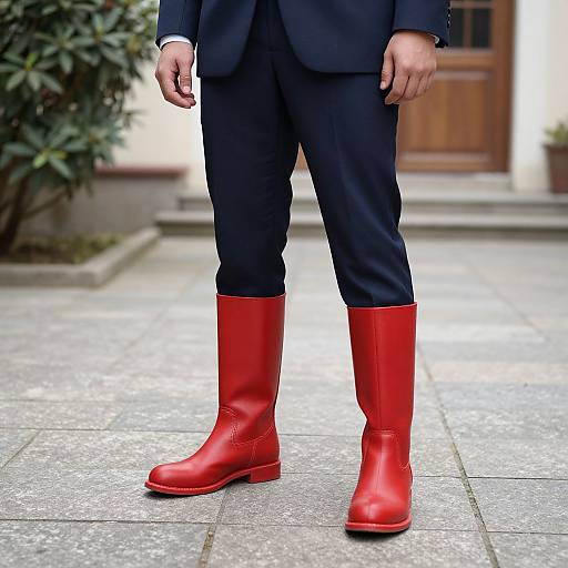 Photograph of a man in a dark suit and bright red rain boots standing on a stone-paved path with blurred background.