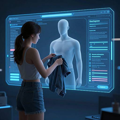 Photorealistic CGI: Young woman with brown hair in ponytail, white tank top, denim shorts, holding blue jacket, interacting with holographic man