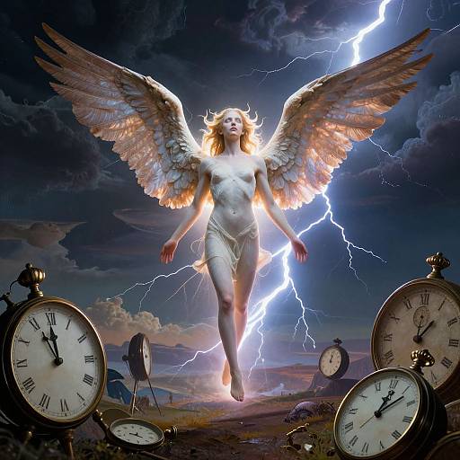 Digital art of a radiant, winged angel with blonde hair, glowing white, standing amidst lightning, clock faces, and stormy sky.