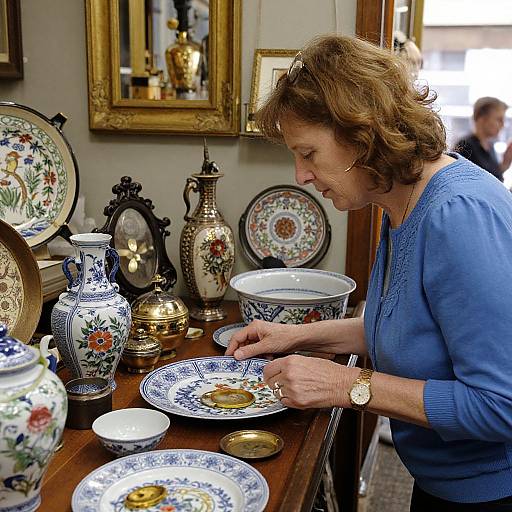 Photograph of a middle-aged woman with short brown hair, wearing a blue sweater, inspecting a blue and white floral-patterned plate among antique porcelain