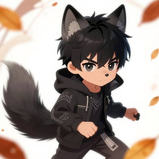 Anime-style digital drawing of a cute, black-haired, wolf-eared boy in a black hoodie and pants, with a bushy tail, standing ready