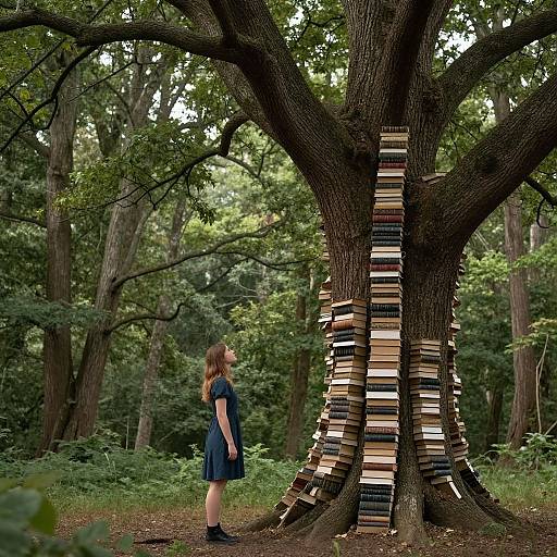 Photograph of a young woman in a blue dress, standing beside a large tree filled with stacked books, in a lush forest.