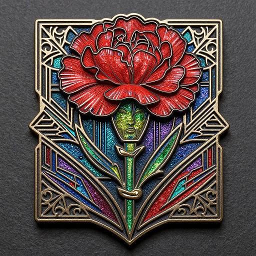 Detailed, colorful, Art Nouveau-style metal pin featuring a vibrant red flower with intricate, shimmering blue, green, and purple background.
