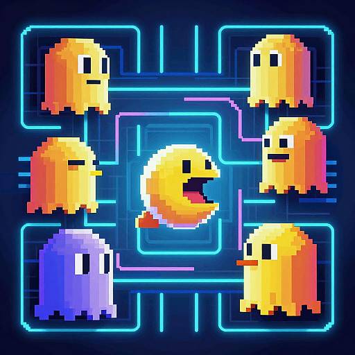 Pixel art of six small, yellow-orange birds with black eyes and simple beaks, arranged in a neon-lit grid pattern. One bird in the