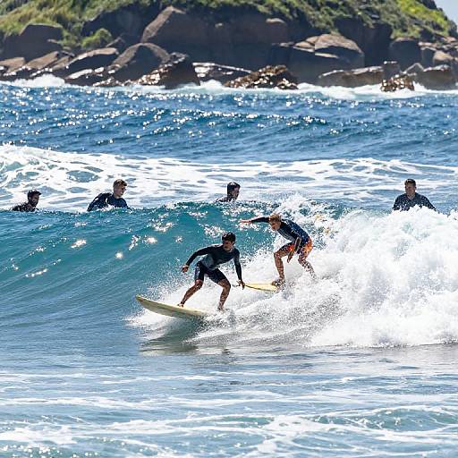 Surfers Performing Tricks on Blue Waves