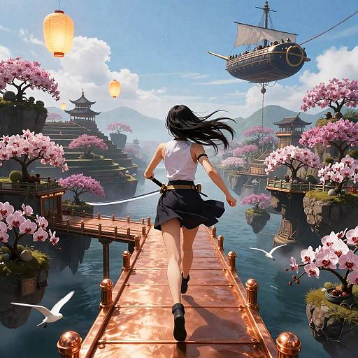 Aero-Ronin Swordswoman in Floating Orchards