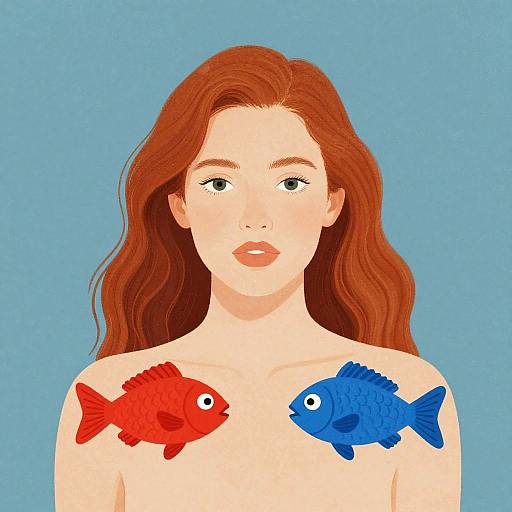 Woman with Red Hair and Cartoon Fish on Shoulders