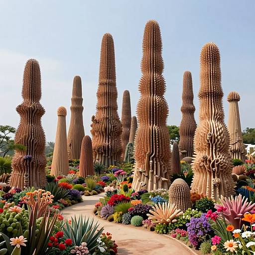 Photograph of a vibrant desert garden featuring tall, textured cacti surrounded by colorful, diverse flowers and lush greenery under a clear blue sky.
