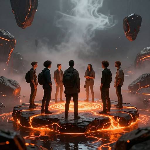 Sci-fi digital art: Silhouetted group of six people stand on glowing, orange-lit platform, surrounded by hovering, dark, metallic structures