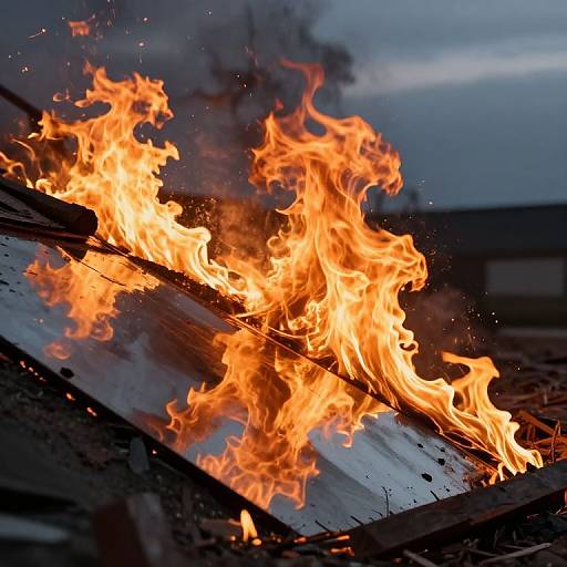 Photograph of intense orange flames engulfing a charred, angled rooftop with blackened wood and dark smoke against a twilight sky.