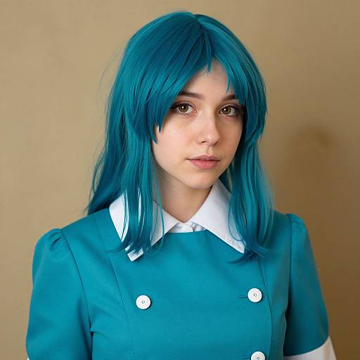 Photograph of a young woman with long blue hair, wearing a teal buttoned shirt with a white collar, against a beige background.