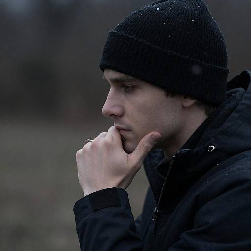 Pensive man in black beanie and jacket