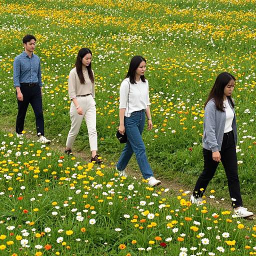 Photograph of four Asian adults walking in a vibrant yellow and white wildflower field; three women in white and blue shirts, one man in blue shirt