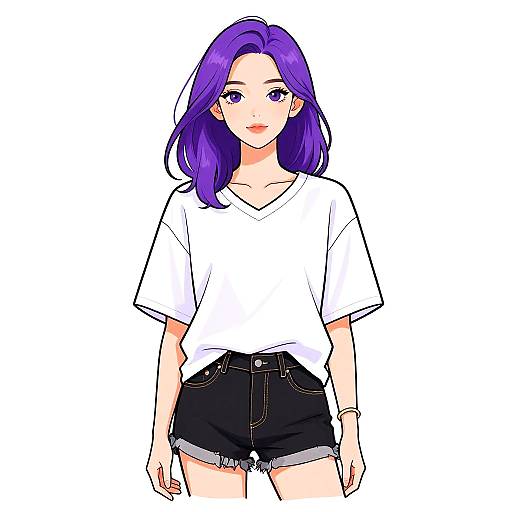 Digital anime-style drawing of a purple-haired woman with fair skin, wearing a white V-neck T-shirt and black high-waist shorts.