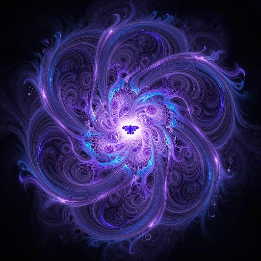 Digital art of a glowing, swirling vortex with purple and blue ethereal tendrils, centered on a bright white core, set against a dark black background