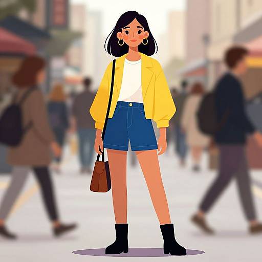 Digital illustration of a stylish young woman with black hair, wearing a yellow jacket, white top, blue shorts, black boots, and large hoop earrings,