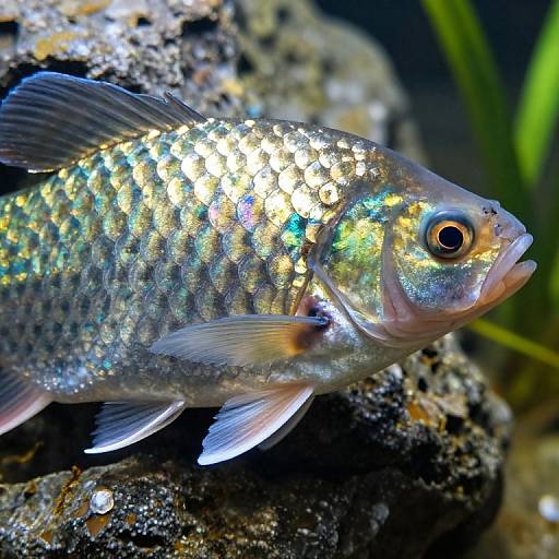 Close-up photograph of a shimmering, iridescent fish with multicolored scales, floating near a rocky underwater surface.