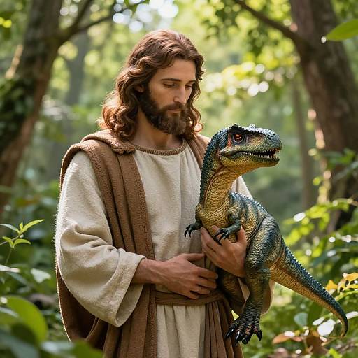 Jesus Holding a Friendly Dinosaur