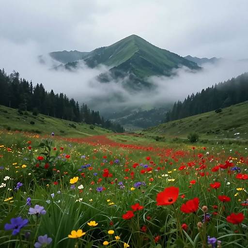 Photograph of a vibrant meadow with red, yellow, and blue wildflowers, surrounded by green hills, mist-covered mountains, and dense pine forest