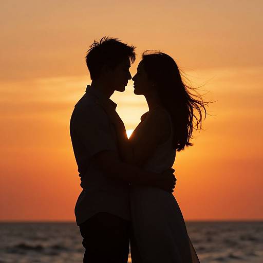 Silhouetted Couple Embracing at Sunset