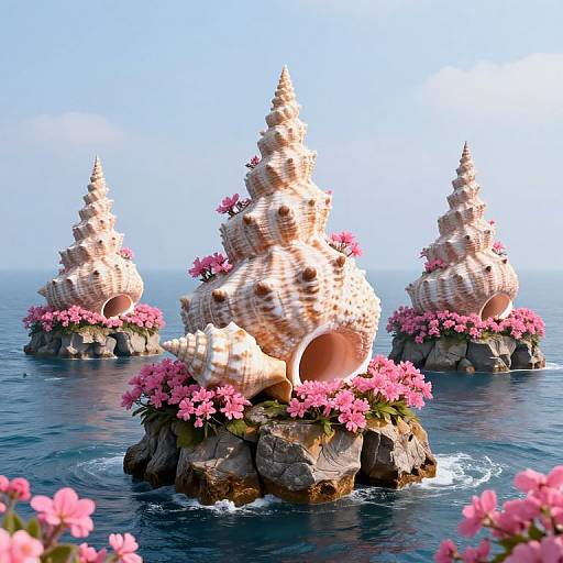 Photorealistic CGI of three large, conical, pink-shelled sea urchins adorned with pink flowers, floating on rocky islands in calm blue