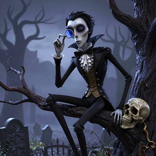 Lanky Vampire with Monocle in Misty Graveyard