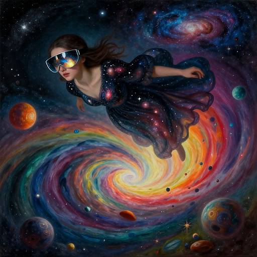 Digital artwork of a woman with dark hair, wearing sunglasses and a flowing black dress, floating in a vibrant, colorful, swirling galaxy with planets and stars