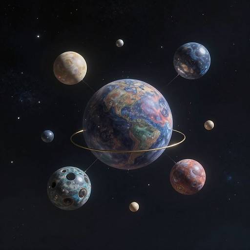 Digital art of a planetary system featuring a central, ringed Earth-like planet surrounded by six smaller, diverse planets against a starry black space backdrop.