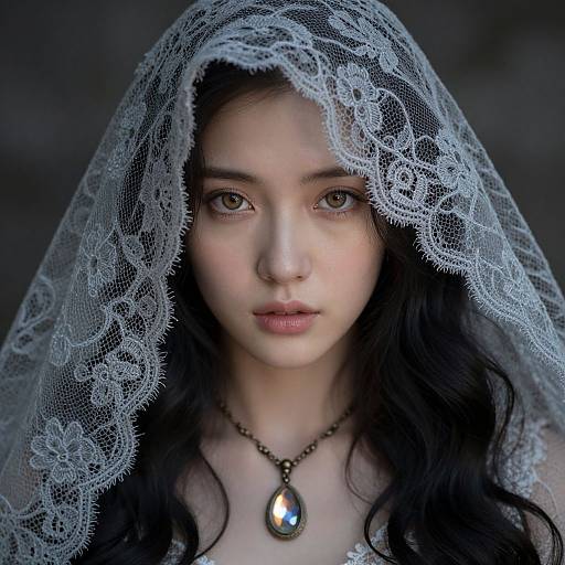 Photograph of a young woman with fair skin, long black hair, and brown eyes, wearing a delicate white lace veil and a black necklace with a