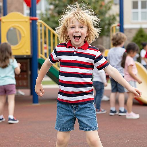 Photograph of a smiling, blonde-haired, blue-eyed toddler in a red, white, and black striped shirt and blue shorts, running joyfully in