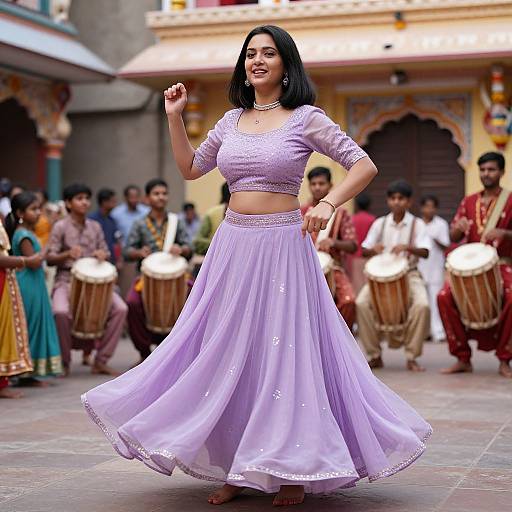 Playful Woman Dancing in Temple Courtyard