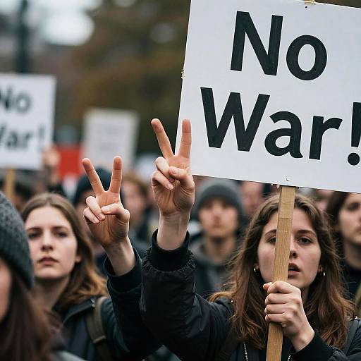 Photograph of a protest with a young woman in the foreground holding a 