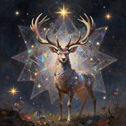 Digital artwork of a majestic, glowing deer with large antlers, surrounded by starburst patterns, colorful flowers, and sparkling stars against a dark, cosmic