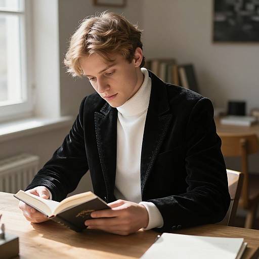 Photograph of a young blonde man with wavy hair, wearing a black velvet blazer and white turtleneck, intently reading a book at