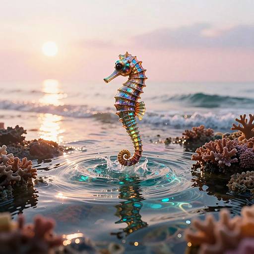 Iridescent Seahorse Statue at Sunrise