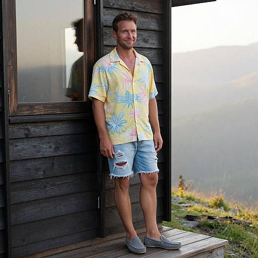 Photograph of a smiling man with short brown hair, wearing a yellow floral shirt, distressed denim shorts, and gray slip-on shoes, standing on a