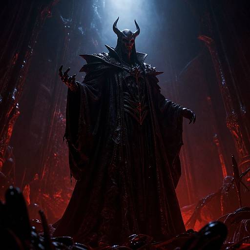 Digital artwork of a dark, horned demon king with a menacing cloak, standing in a glowing red and black cavern.