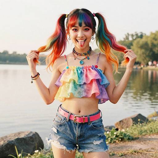 Photograph of a young woman with rainbow pigtails, sticking out her tongue, wearing a colorful ruffled top and distressed denim shorts, standing by
