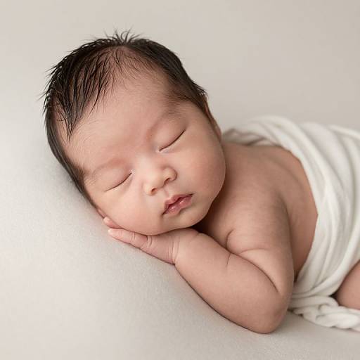 Photograph of a sleeping Asian newborn with dark hair, closed eyes, and a white blanket, resting on a white surface.