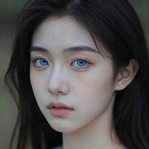 Digital portrait of an East Asian woman with pale skin, striking blue eyes, and long black hair, looking slightly to the side.