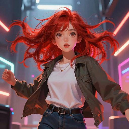 Energetic Redhead in Neon Futurism