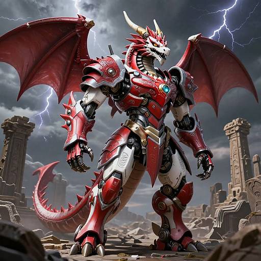 Digital artwork of a red and black armored dragon warrior with wings, horns, and a tail, standing in a stormy, ruined cityscape with lightning