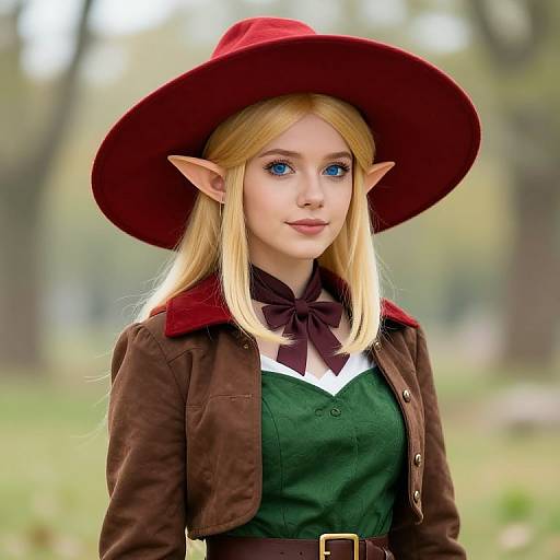 Blonde Elf in Red Hat and Green Dress