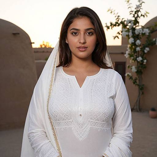 Photograph of a young South Asian woman with long black hair, wearing a white embroidered traditional dress and veil, standing in front of a sunset-lit
