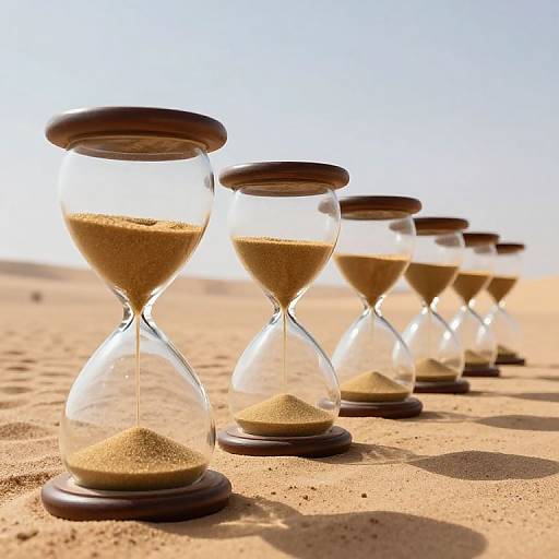 Photograph of five glass hourglasses with wooden tops, lined up in a row on sandy desert ground under bright sunlight.