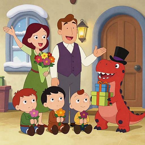 Joyful Family Scene with Dinosaur